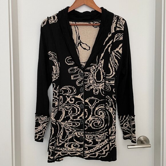 Shawl Collar Button Cardigan Long Sleeve Black Tan Large - Picture 3 of 6